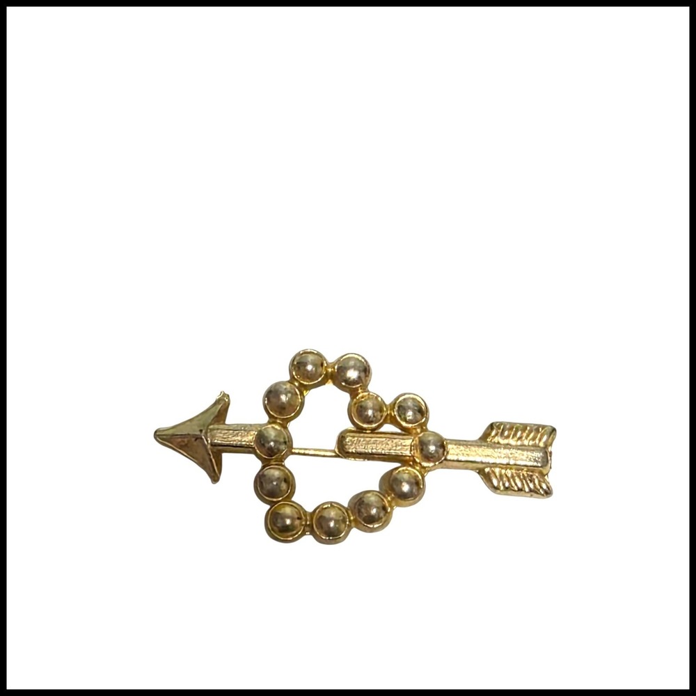 Vintage Gold Tone Beaded‎ Heart and Arrow Brooch Pin Romantic Cupid Jewelry